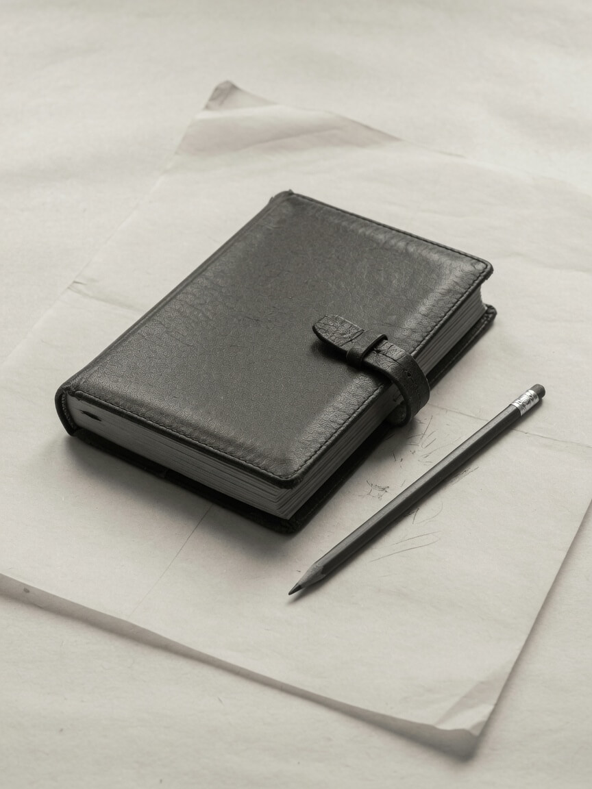 A closed leather register and a graphite pencil on vellum paper.